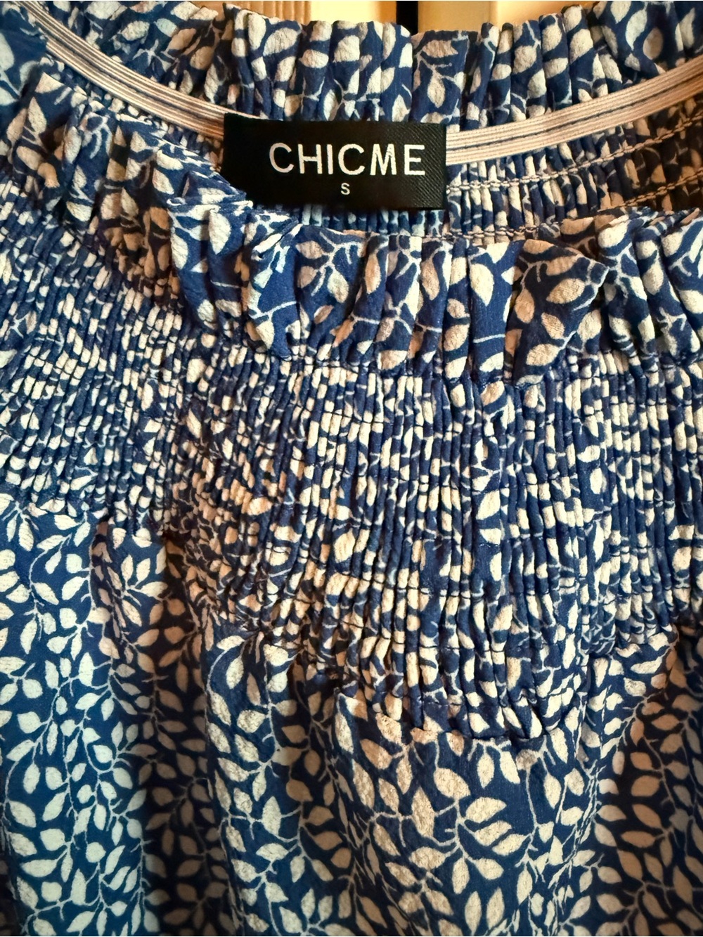 CHICME chic navy and white printed smocked top